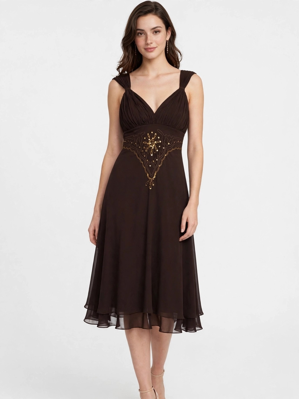 Elegant Brown Embellished V-Neck Midi Dress